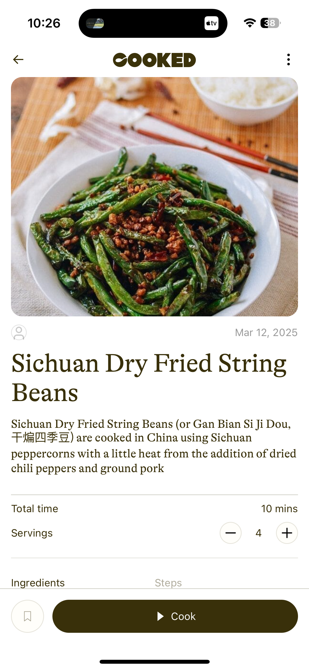 Recipe view showing Sichuan Dry Fried String Beans